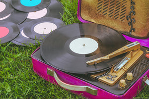 Vintage Portable Turntable Vinyl Records Grass